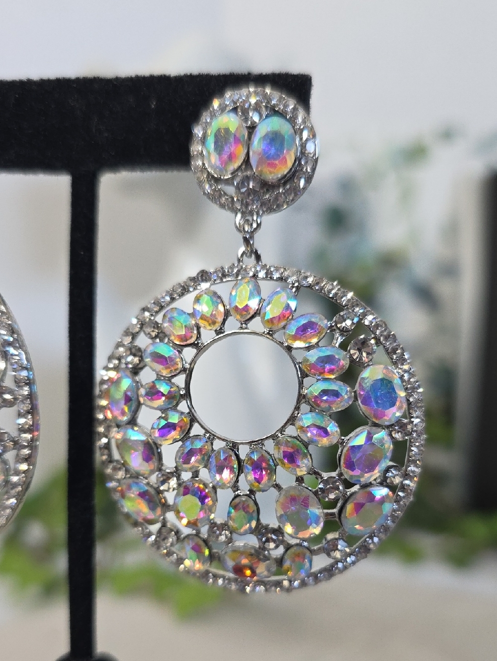 Silver AB Crystal Iridescent Rhinestone Double Circle Drop Clip On Earrings - Picture 6 of 11